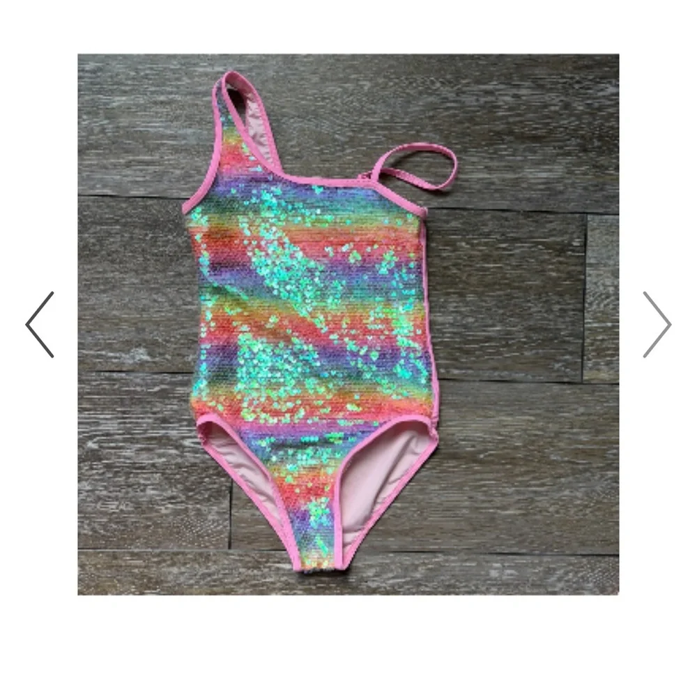 Lola + The Boys Rainbow Sequin One-Piece Swimsuit size 8 with Pink Trim
